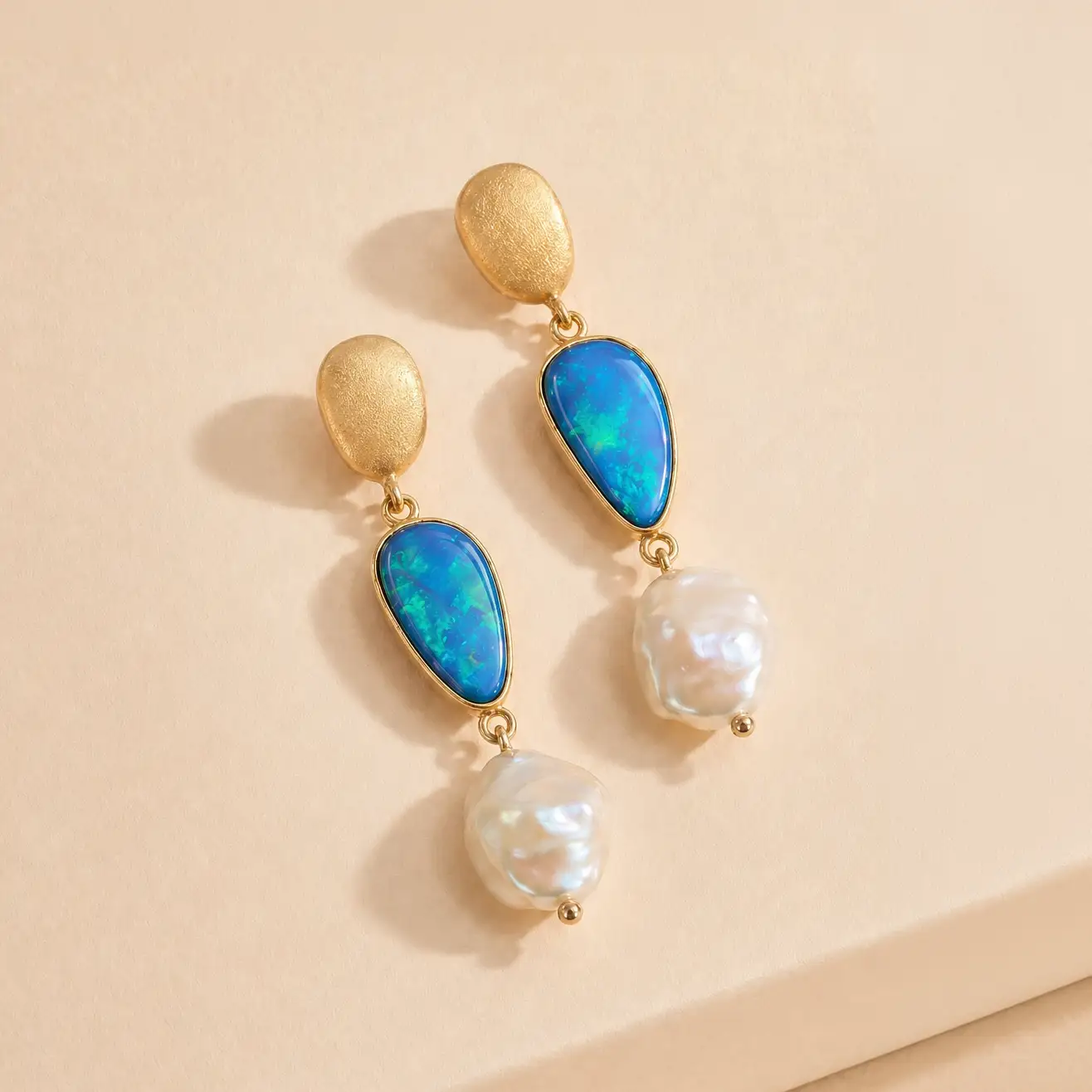 Collector's Edit Long Opal with Keshi Pearl Earring in 18K Gold